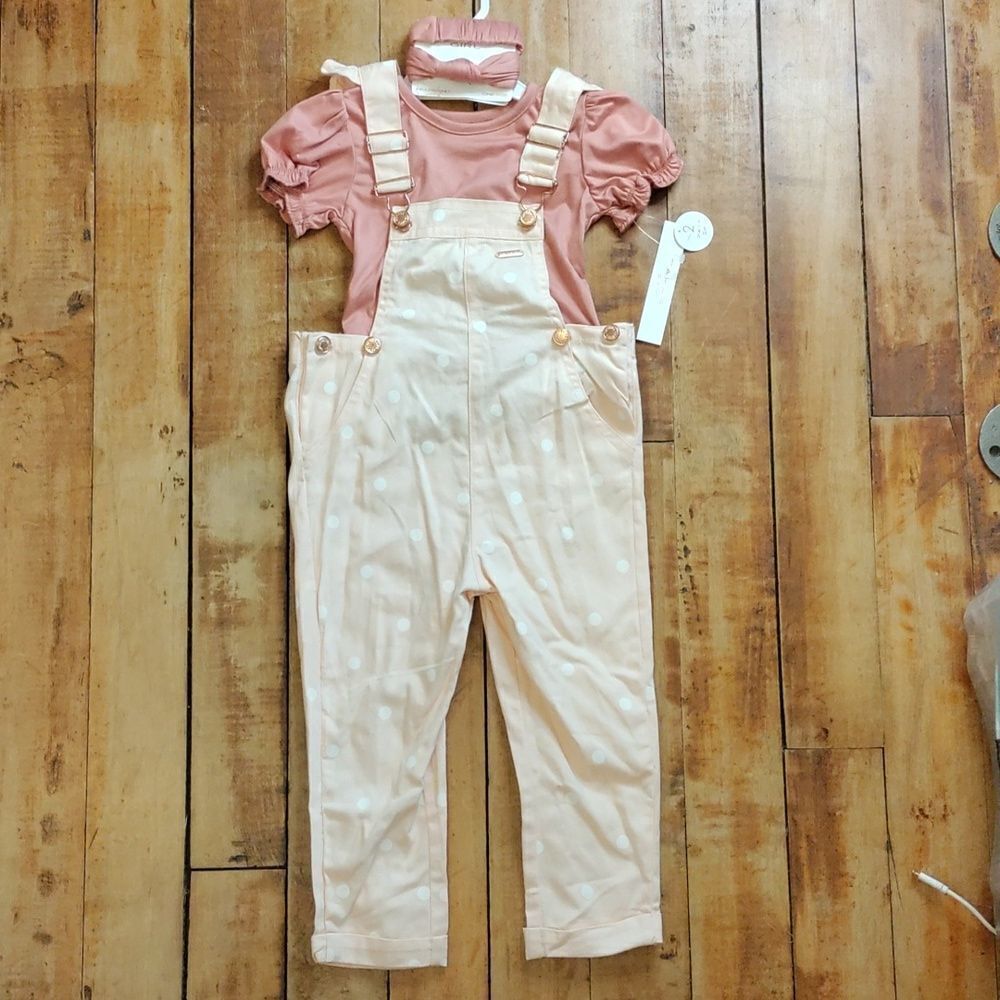Tahari overalls outfit 3T pink new polka dot overalls pink shirt headband spring